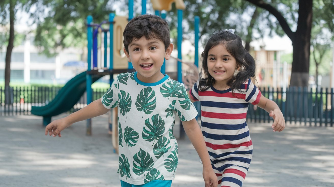Happy kids (a boy and a girl, around 5–8 years) in colorful printed t-shirts and summer sets, playing in a park or jumping mid-air with smiles. Bright tones, energetic feel, cheerful mood.