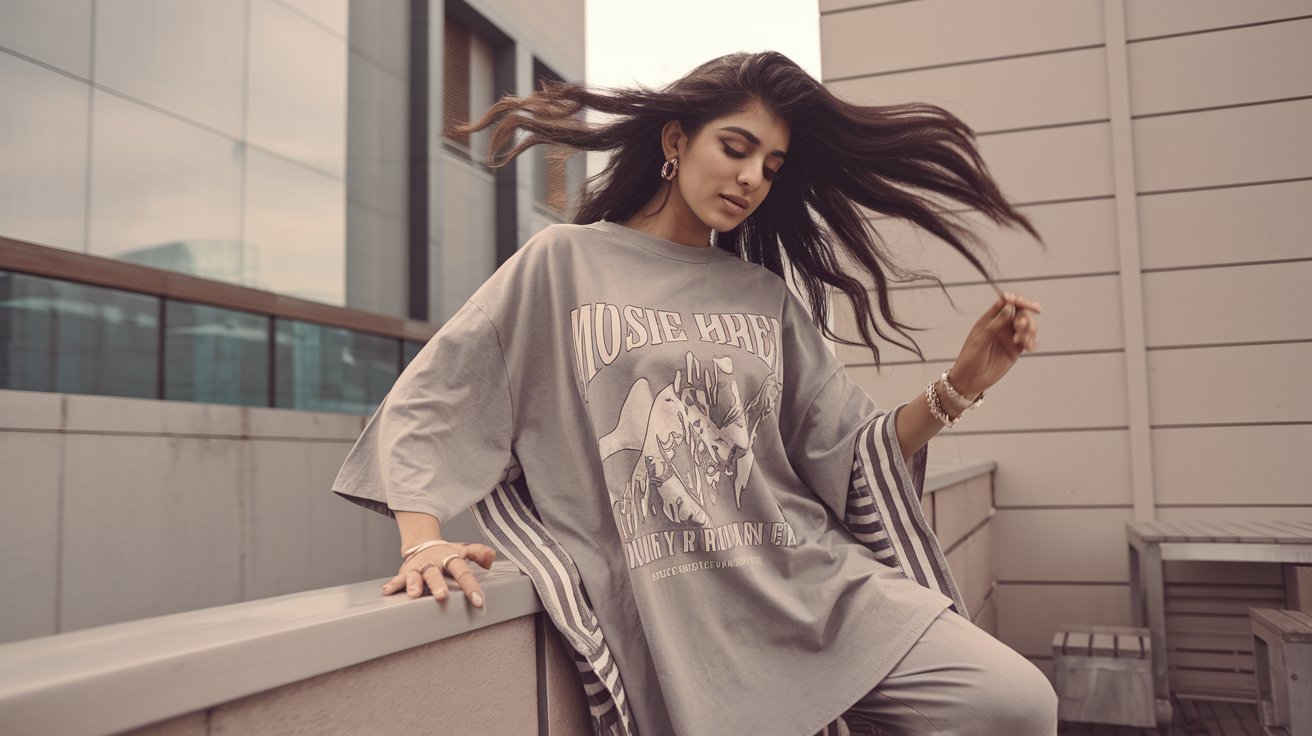 Stylish young woman in an oversized graphic t-shirt and co-ord set, posing near a cafe wall or rooftop. Soft neutral colors, urban chic feel, hair in motion. Streetwear meets comfort in a fashion-forward setting